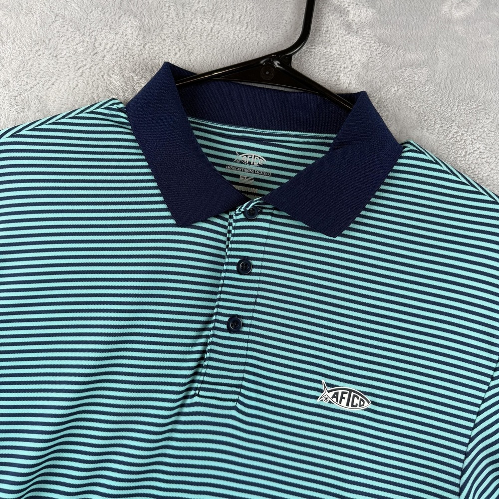 AFTCO AFTECH Polo Shirt Mens Medium Blue Striped Fishing Tech Performance